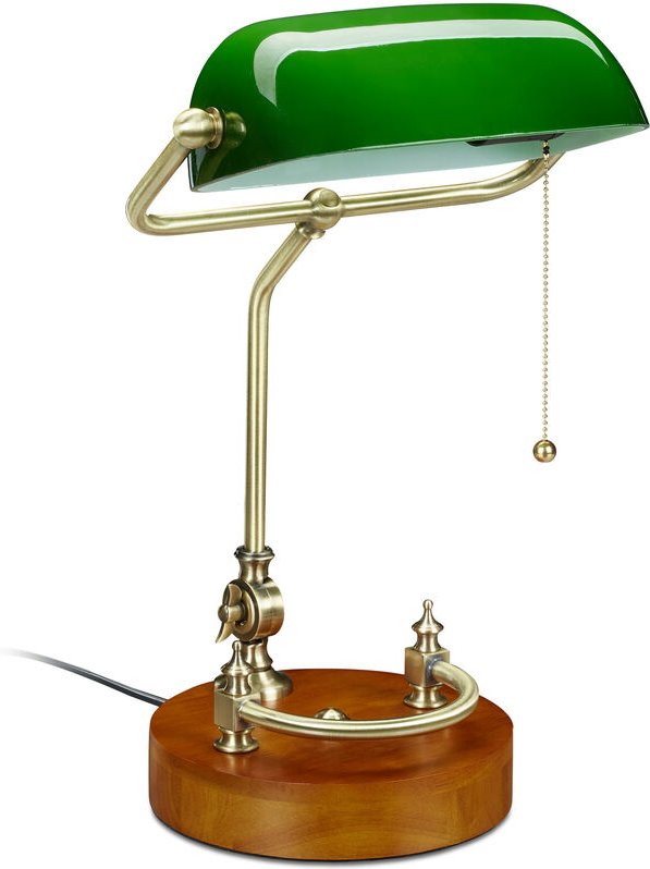 Thumbnail - Bankerlampe mit Zugschalter, neigbarem Glasschirm & Holzfuß, Bankerleuchte E27, Schreibtischlampe Retro, grün - Relaxday...