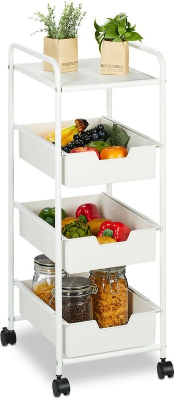 Relaxdays Rollwagen, 3 Etagen & Ablage, Küchenwagen für Bad & Büro, Rollregal, HxBxT: 85,5x32,5x40 cm, Bastelwagen, weiß