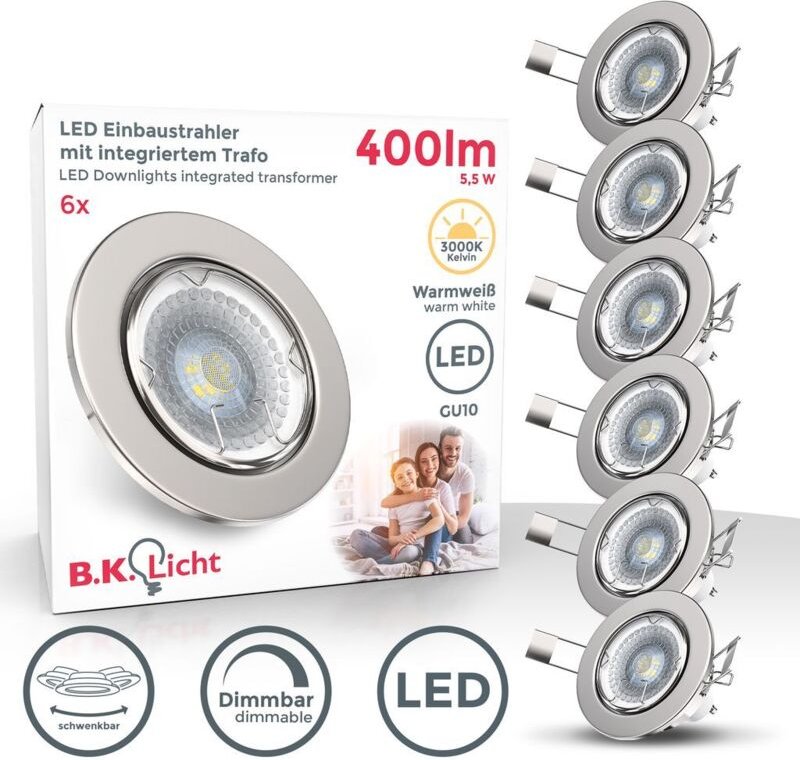B.k.licht - Einbauspot 6er Set 68mm Lochmaß - GU10, 5,5W, 400lm, led, dimmbar, warmweiß, matt-nickel