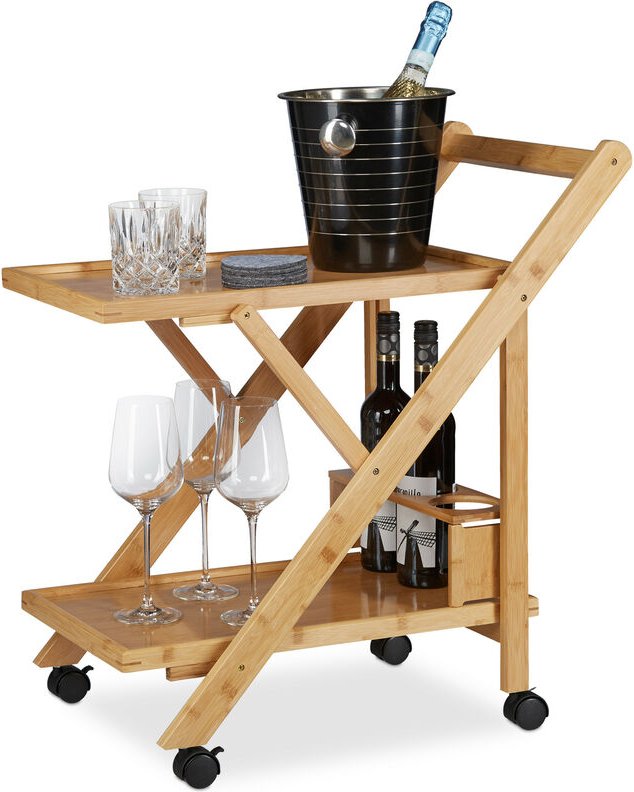 Küchenwagen Bambus, Servierwagen klappbar mit Flaschenhalter, Rollwagen Holz, HxBxT: 70 x 40,5 x 65 cm, natur - Relaxday...