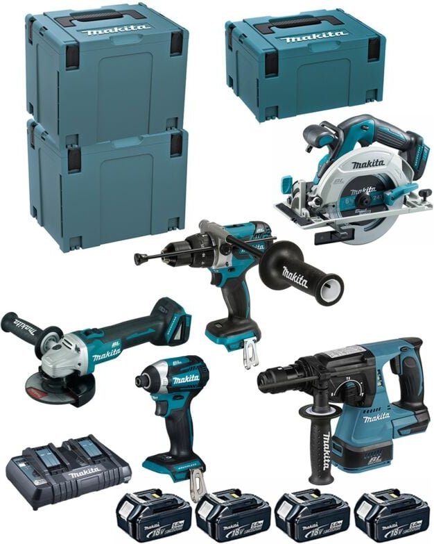 Makita - Kit DLX5038PTJ (DHP481 + DTD154 + DGA506 + DHR243 + DHS680 + 4 x 5,0 Ah + DC18RD + makpac 3 + 2 x makpac 4)