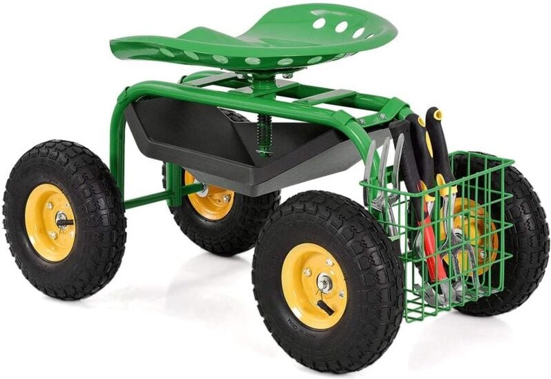 Costway - Gartensitz mit Rollen, 360 ° drehbar höhenverstellbar, Rollsitz mit Ablage & Korb, bis 150 kg breite Gummireif...