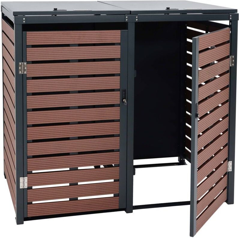 HHG - 2er Mülltonnenverkleidung 648, Mülltonnenbox Mülltonnenabdeckung, 119x134x84cm wpc Metall 78kg Walnuss-Holzoptik