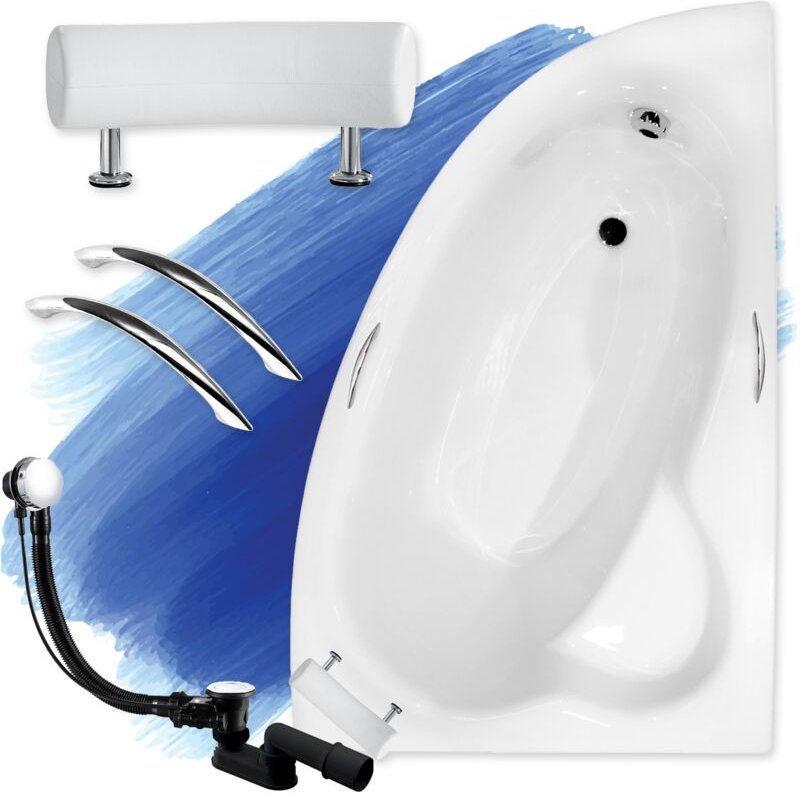 Badland - Badewanne Eckbadewanne 150x100 Rechts + Handgriffen + Kopfstütze, Ablauf & Füße gratis - Komplettset 5in1 Acry...