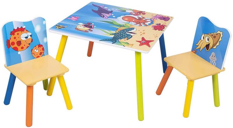 Woltu - Kindertisch mit 2 Stühlen, Kindersitzgruppe mit Meer-Motiv, Tisch und Stühle für Kinder aus E1-MDF Massivholz, a...