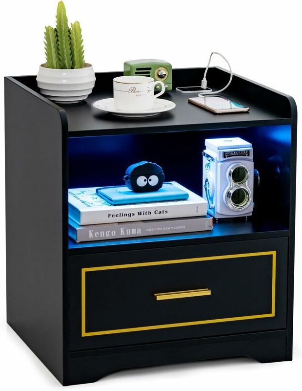 Nachttisch mit led Licht, USB-Anschluss und Typ-C-Ladestation, Nachtschrank mit Bewegungssensor, Beistelltisch mit offen...