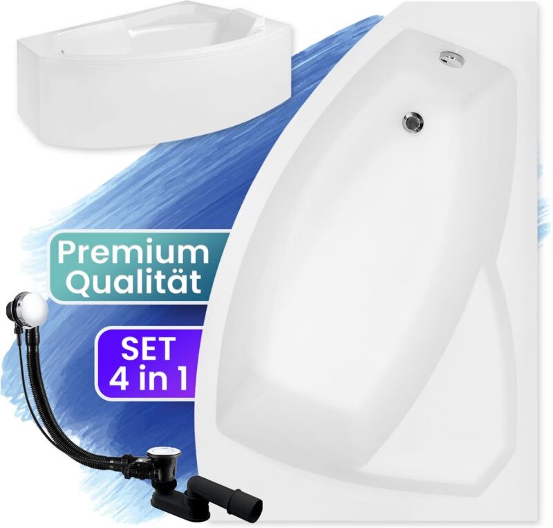 Badland - Badewanne Eckbadewanne 130x85 Rechts mit AcrylSchürze, Ablaufgarnitur & Füßen gratis - Komplettset 4in1 Origin...
