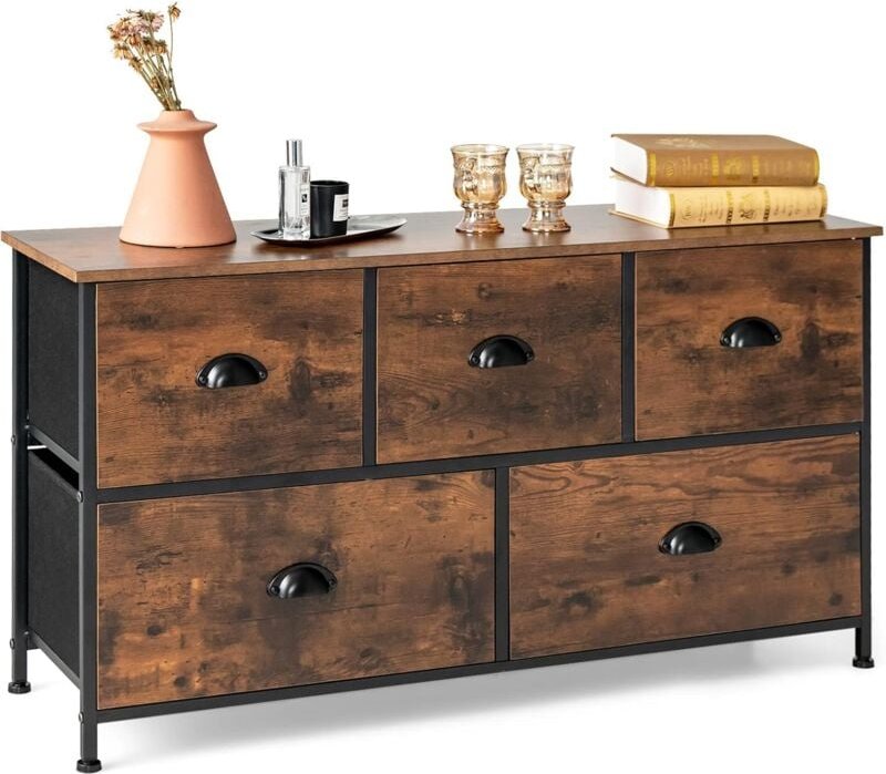 Kommode mit 5 Schubladen, 2-stöckiger rustikaler Aufbewahrungsschrank mit faltbaren Stoffschubladen & Eisenrahmen & Holz...