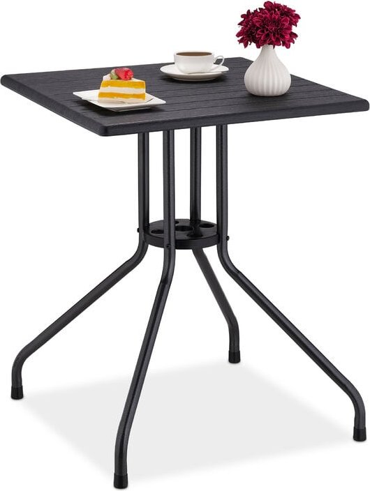 Relaxdays Gartentisch, HBT: 75x61x61 cm, Balkontisch Holzoptik, Kunststoff, Metall, Terrassentisch quadratisch, schwarz