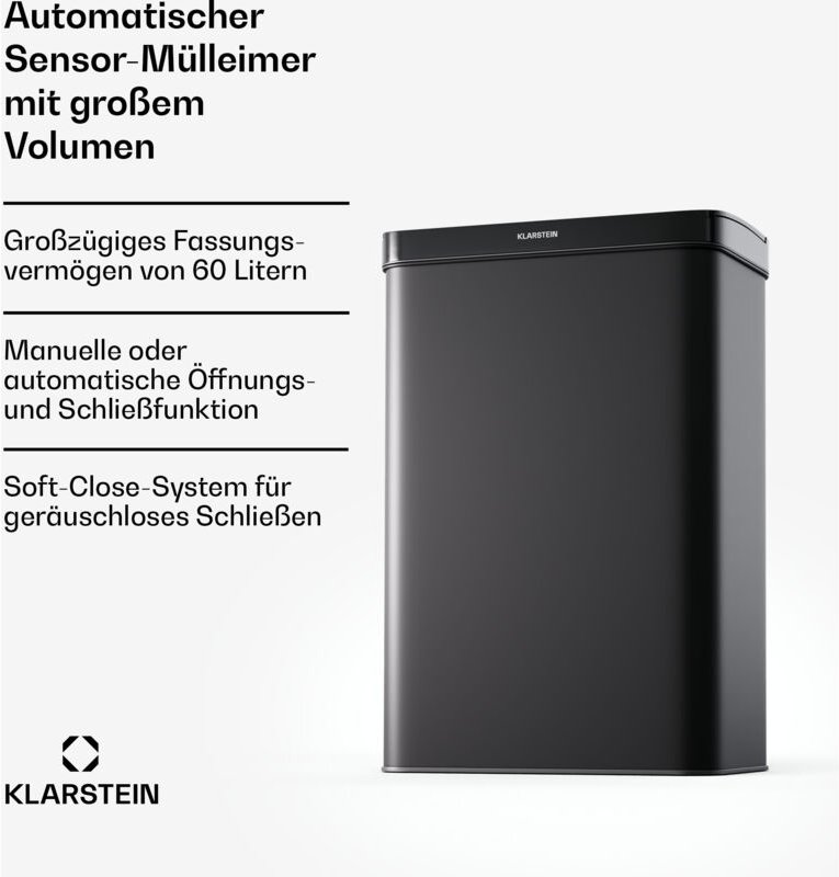Klarstein - Sensor-Mülleimer 60L - berührungslos mit Bewegungssensor & Soft-Close, Edelstahl, Mattschwarz, Küchen-Abfall...