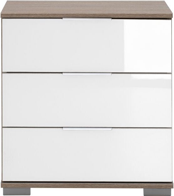 Schlafzimmer Nachttisch Nachtschrank, auch für Boxspringbett geeignet, in Eiche sägerau Nb. mit weißem Glas ELSTRA-43, b...