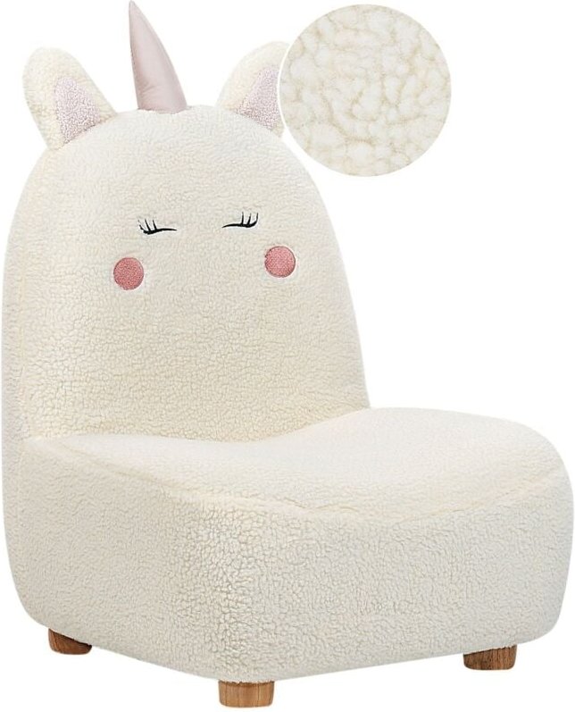 Kindersessel Cremeweiß Bouclé Teddyfell mit Ohren Tierform Einhorn ohne Armlehnen Modernes Design Kinderzimmermöbel Tier...