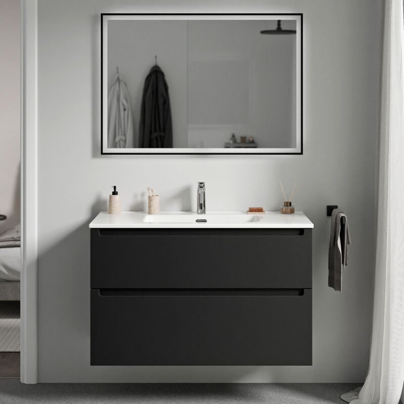 Waschtischunterschrank Bernstein vireo 100cm mit Waschbecken Weiß Badmöbel: Schwarz matt