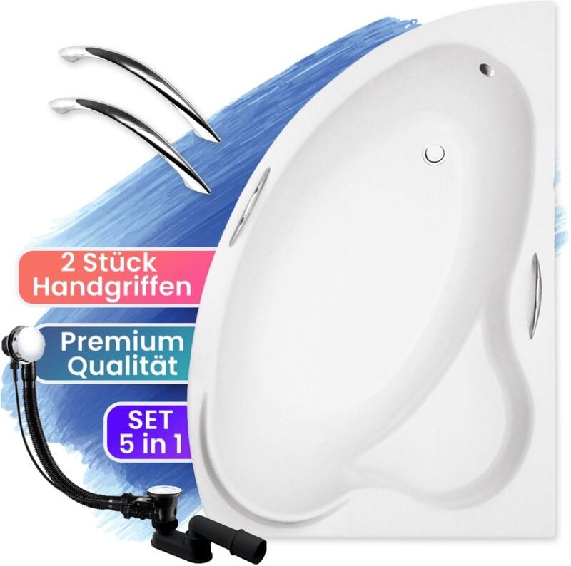 Badewanne Eckbadewanne 140x90 Rechts + Handgriffen, Ablauf & Füße GRATIS - Komplettset 4in1 Original Acryl Wanne - BADLA...