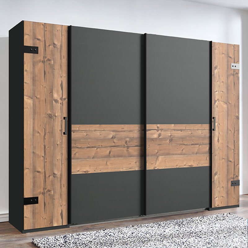Kleiderschrank mit Drehtüren und Schwebetüren graphit mit Fichte SUNDERLAND-43