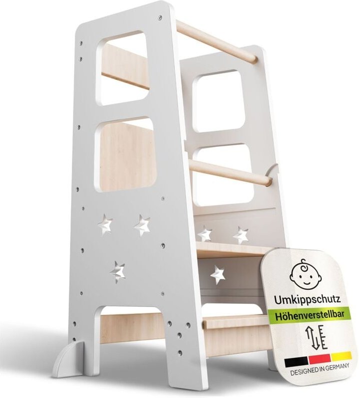 Lernturm Henny - für Kinder ab 1 Jahr, Stehhilfe, 3-fach höhenverstellbar, Umkippschutz, Küchenhelfer - Weiß - Juskys