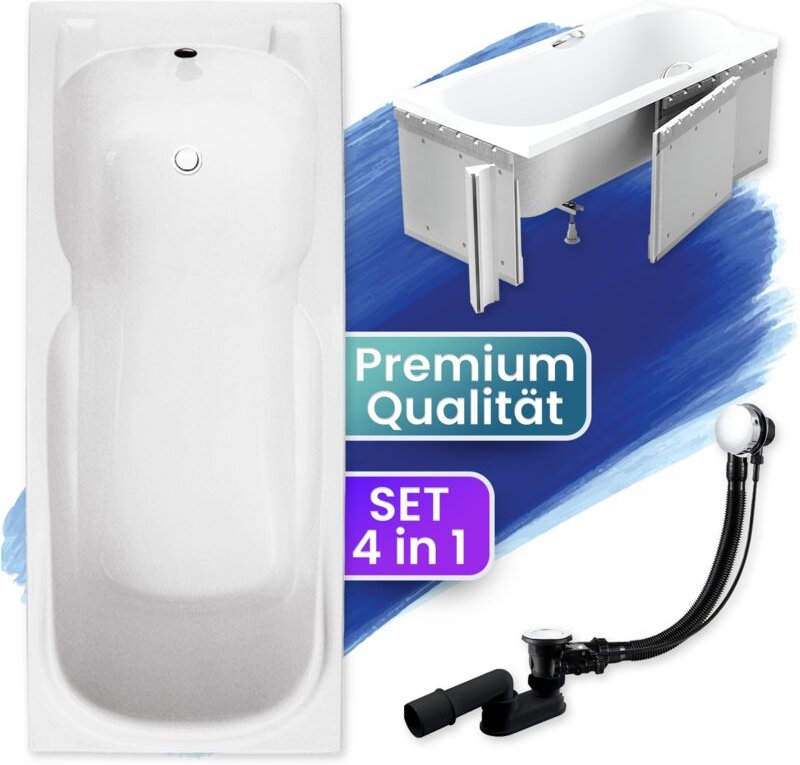 Badland - Badewanne Rechteck 170x70 mit Styroporverkleidung, Ablaufgarnitur & Füßen gratis - Komplettset 4in1 Original A...