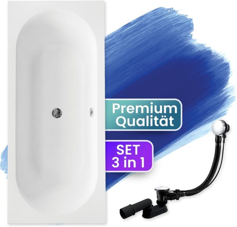 Badland - Badewanne Rechteck 160x75, Ablaufgarnitur & Füßen gratis - Komplettset 3in1 Original Acryl Wanne Premium Sipho...