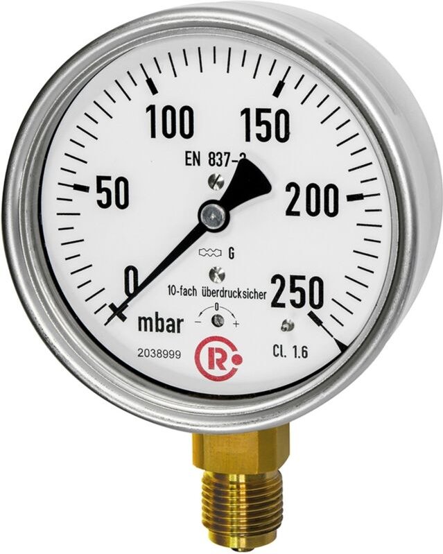 Riegler - Kapselfedermanometer, CrNi-Stahl, g 1/2 unten, 0-160 mbar, ø 100, 6843-R