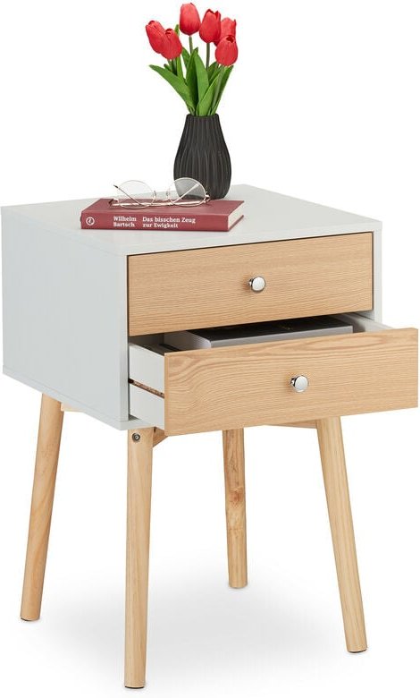 Nachttisch, mit 2 Schubladen, hbt: 60x40x40 cm, für Schlaf-, Kinder-, Jugendzimmer, Nachtkommode, weiß/natur - Relaxdays