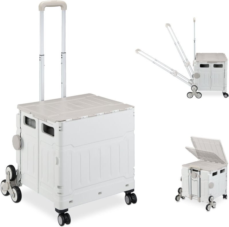 Thumbnail - Einkaufstrolley Treppensteiger, klappbar, Einkaufskorb mit Rollen, Deckel, neigbarer Teleskopgriff, grau/weiß - Relaxday...