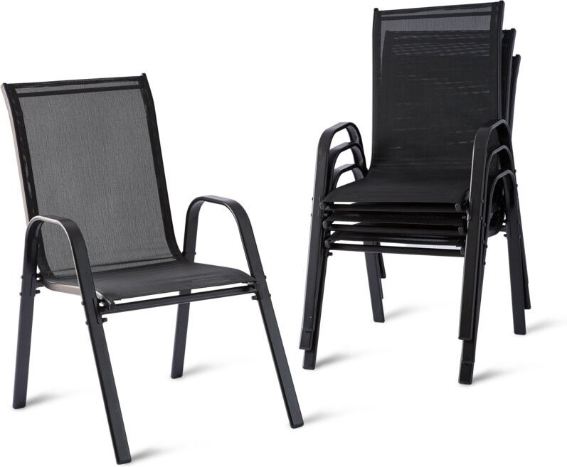 Relaxdays Gartenstühle, 4er Set, Hochlehner, Armlehnen, stapelbar, bis 150 kg, Polyester, Metall, Stapelstuhl, anthrazit