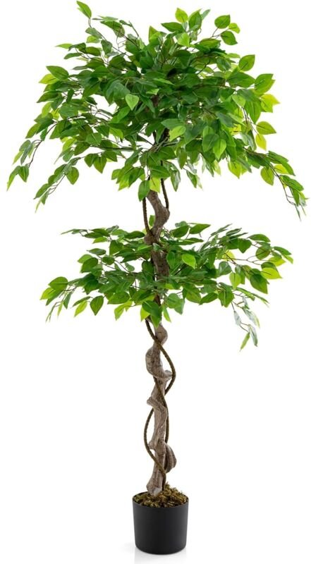 150 cm Kunstpflanze grün, Künstliche Pflanze Ficus Benjamin, Dekopflanze mit natürlichem Holzstamm & Blättern, Zimmerpfl...