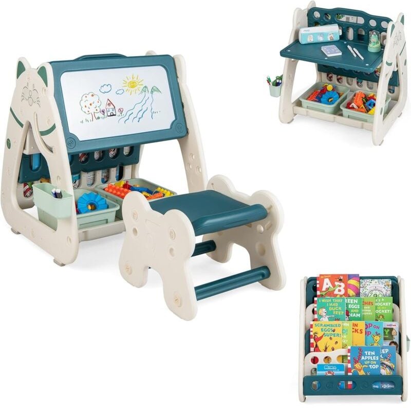 Costway - 3 in 1 Kinder Sitzgruppe & Tafel & Bücherregal mit 3 Aufbewahrungsboxen, inkl. Hocker und Malzubehoer, für Kin...