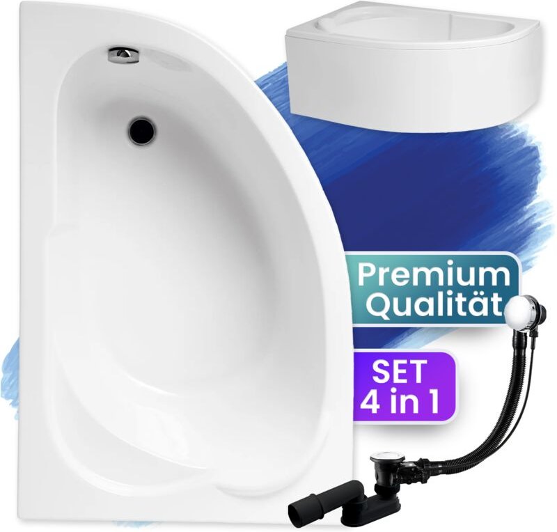 Badland - Badewanne Eckbadewanne 130x85 Links mit AcrylSchürze, Ablaufgarnitur & Füßen gratis - Komplettset 4in1 Origina...