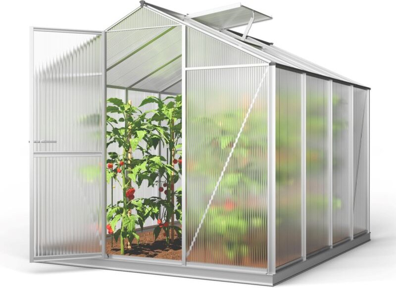 Gewächshaus ECO-Star 4 Alu-Rahmen 192x256 cm 6 mm Doppelstegplatten, mit Fundamentrahmen automatischer Fensteröffner - G...