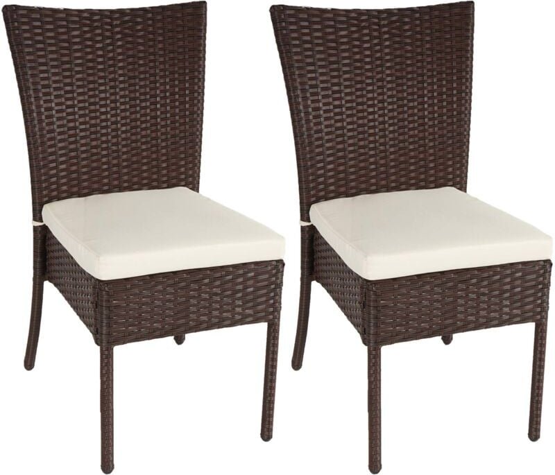 Thumbnail - HHG - 2er-Set Poly-Rattan Stuhl 949, Balkonstuhl Gartenstuhl, stapelbar braun, Kissen creme