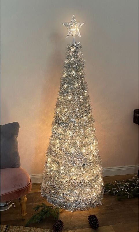 Spiral Weihnachtsbaum 150 cm mit 120 led und Stern Spitze - silber - Künstlicher Tannenbaum warm weiß beleuchtet für Auß...