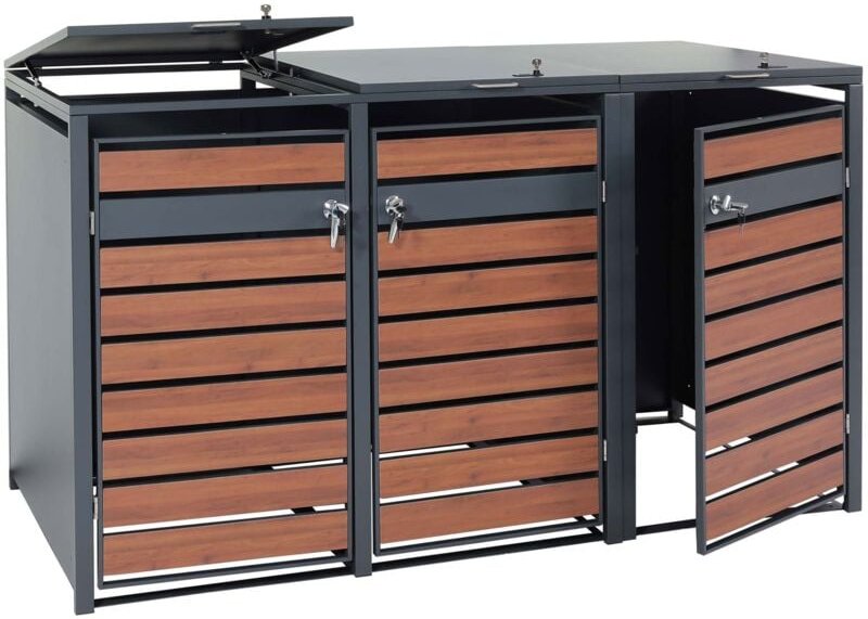 3er Mülltonnenverkleidung HHG 352, Mülltonnenbox, erweiterbar, Metall 82kg, anthrazit Kirsche-Holzoptik dunkelbraun