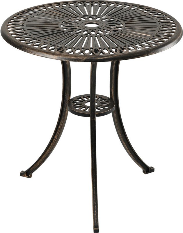 Relaxdays Gartentisch mit Schirmloch, HxD: 65 x 60 cm, Aluguss, wetterfest, antik, runder Balkontisch, schwarz/bronze