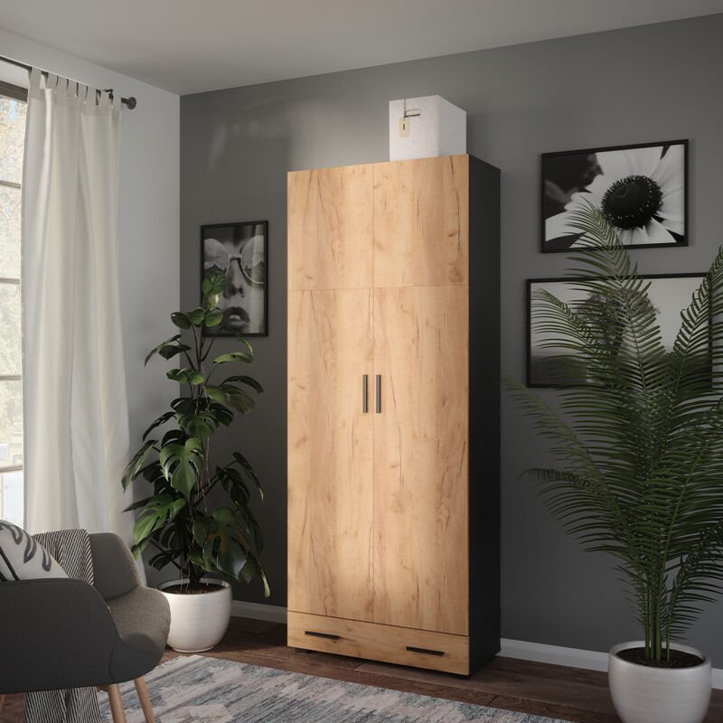 Mehrzweckschrank Ingo, Anthrazit/Goldkraft Eiche, 80 x 201.2 cm mit Schubladenmodul, Vicco