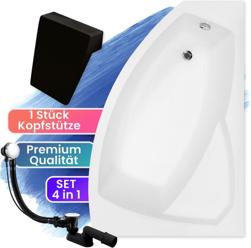Badland - Badewanne Eckbadewanne 130x85 Rechts + Kopfstütze, Ablaufgarnitur & Füßen gratis - Komplettset 4in1 Acryl Wann...