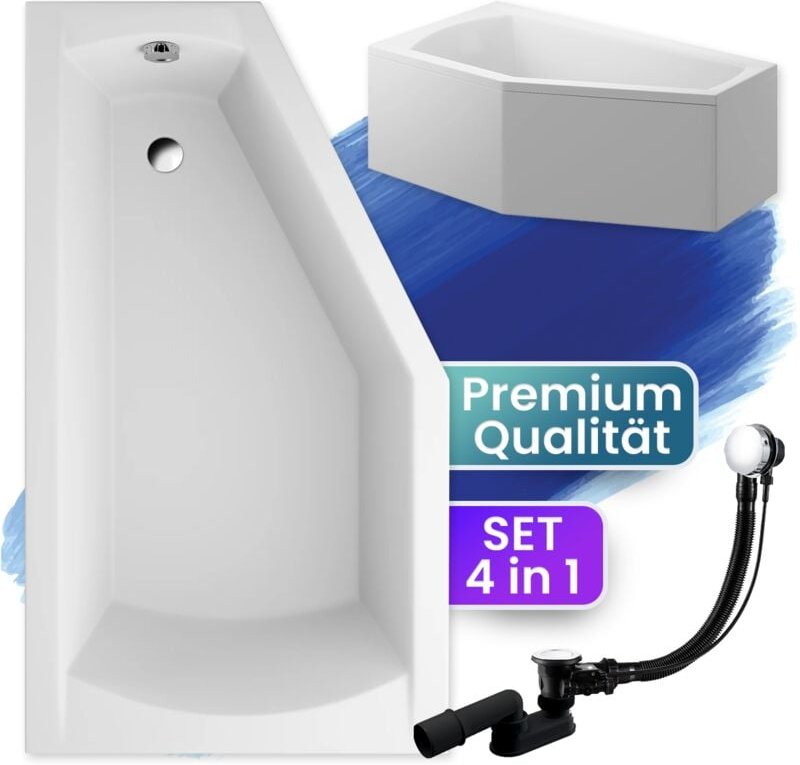 Badewanne Eckbadewanne 160x90 Links mit AcrylSchürze, Ablaufgarnitur & Füßen GRATIS - Komplettset 4in1 Original Acryl Wa...