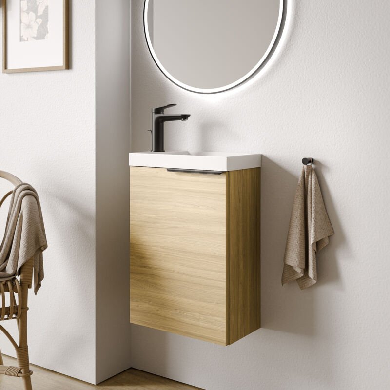 Thumbnail - Waschtischunterschrank Bernstein tim 40cm mit Waschbecken Eiche nebelgrau Metallgriff Schwarz matt