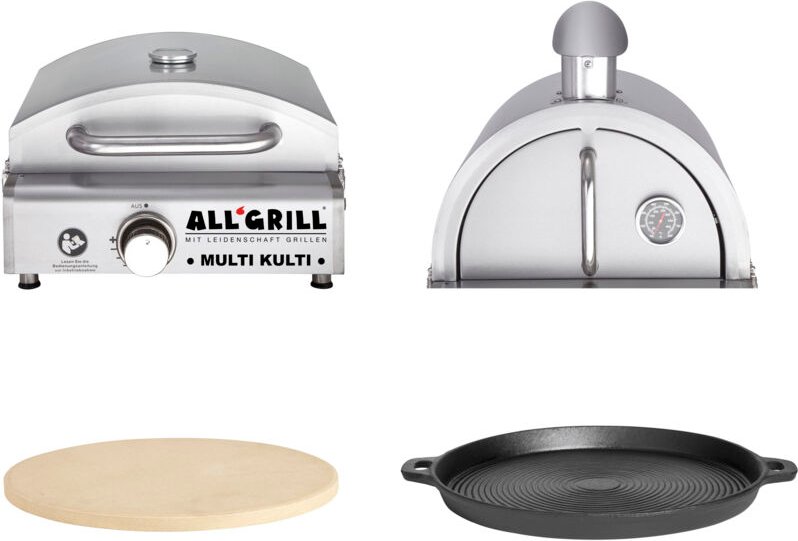 Allgrill multi-kulti Set 4 zündgesichert - Gasgrill + Pizzahaube + Pizzastein + Gusspfanne