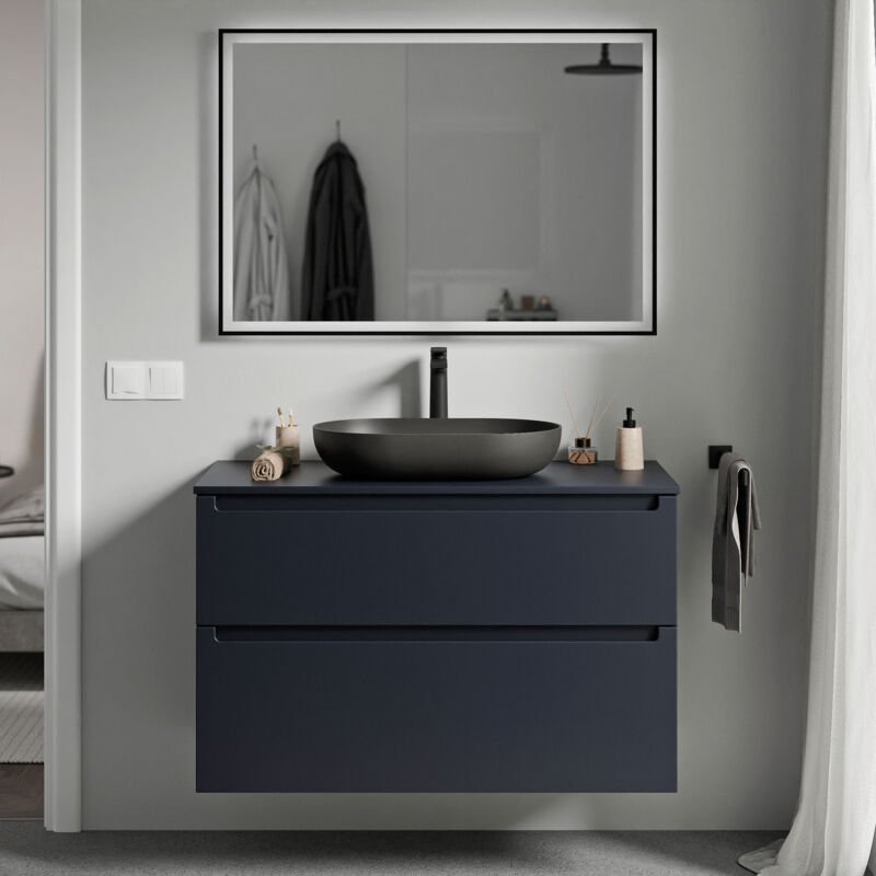 Waschtischunterschrank Bernstein vireo 80cm für Aufsatzwaschbecken Badmöbel: Mitternachtsblau matt, Waschtischplatte: Mi...
