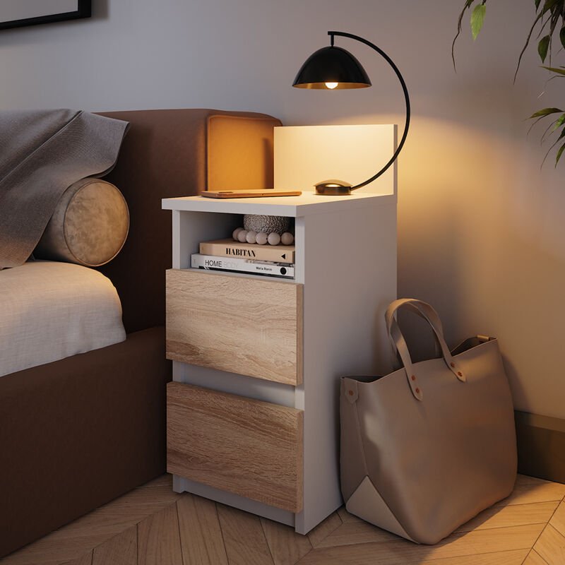 Nachttisch Monty, Weiß/Sonoma, 25 x 59.1 cm mit 2 Schubladen Vicco