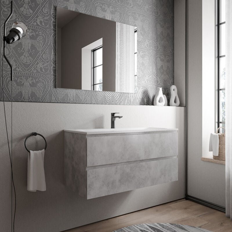 Unterschrank Bernstein ava 100 cm mit Mineralguss Waschbecken cream - Badmöbelfarbe Beton, Waschbecken Weiß matt mit Hah...