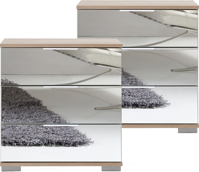 Schlafzimmer 2er Set Nachttisch Nachtschrank, auch für Boxspringbetten, in Eiche sägerau Nb. mit Spiegelfront ELSTRA-43,...