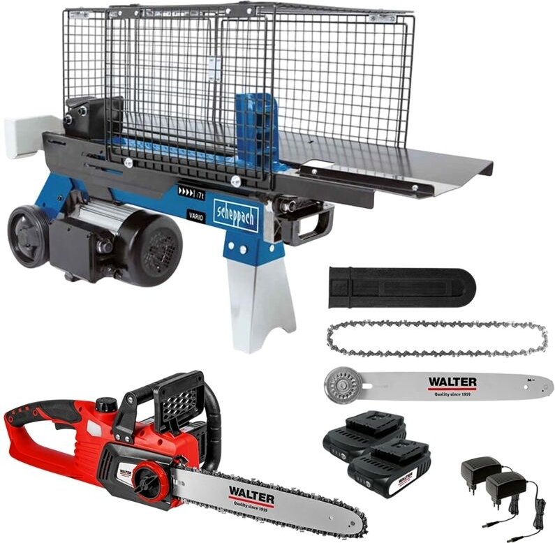 Scheppach 7t Holzspalter HL760L + Walter Akku-Kettensäge 40V Akku/Ladegerät