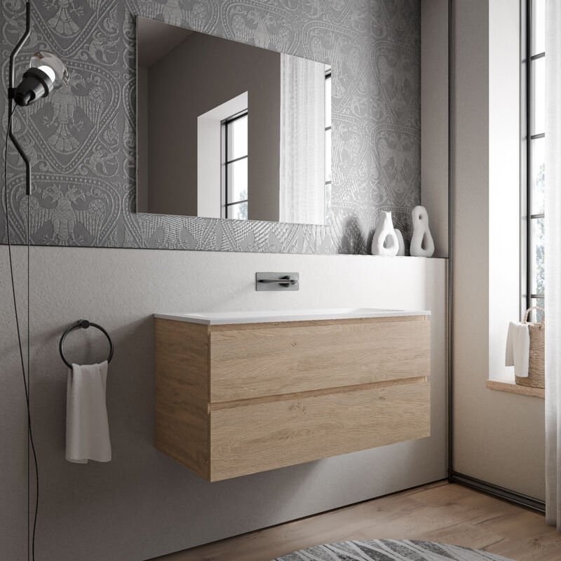 Thumbnail - Unterschrank Bernstein ava 100 cm mit Mineralguss Waschbecken cream - Badmöbelfarbe Eiche Honiggold, Waschbecken Weiß ma...