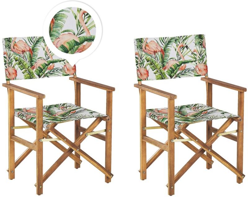 Gartenstühle 2er Set Helles Akazienholz mit 4 Wechselbaren Stoffbezügen Grau / Bunt Flamingomuster Zusammenklappbar Outd...