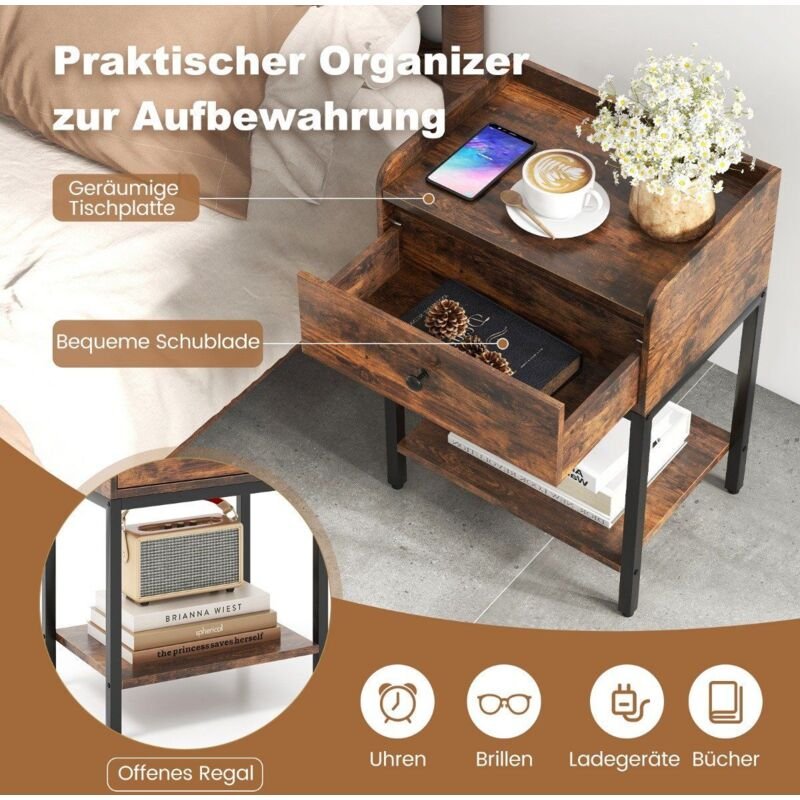 Nachttisch mit schublade beistelltisch mit offener ablage 42 x 30 x 60 cm rustikales braun
