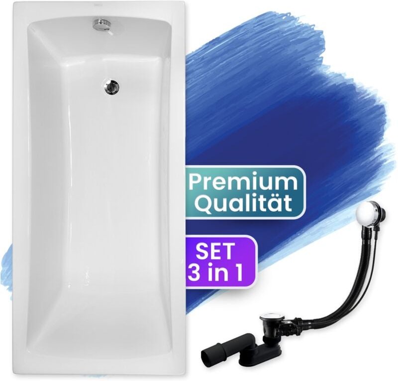 Badland - Badewanne Rechteck 160x70, Ablaufgarnitur & Füßen gratis - Komplettset 3in1 Original Acryl Wanne Premium Sipho...