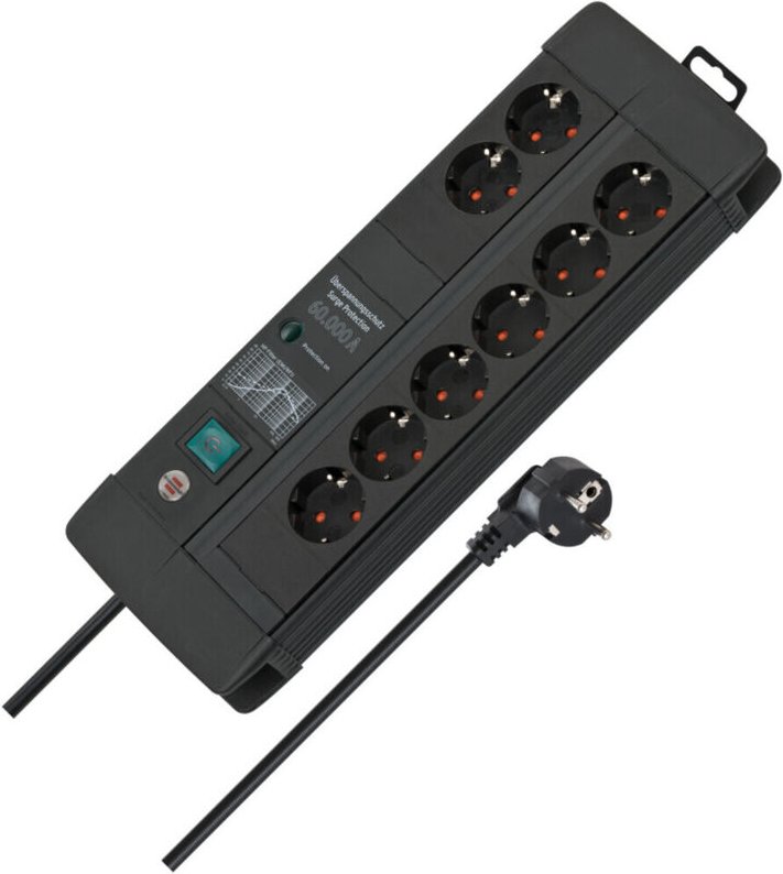 Berspannungsschutz-Steckdosenleiste Premium-Line 60.000A 8-fach Duo schwarz 3m H05VV-F 3G1,5, mit Entstörfilter - Brenne...