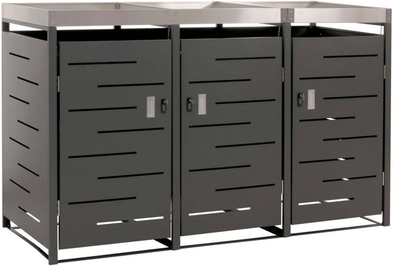 3er-Mülltonnenverkleidung HHG 380, Mülltonnenbox, Pflanzkasten Edelstahl-Metall-Kombi 78kg 125x198x84cm erweiterbar